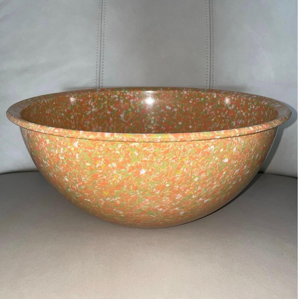 Vintage Brookpark 11.5" Melamine Mixing Bowl Orange Green Confetti Splatter EUC